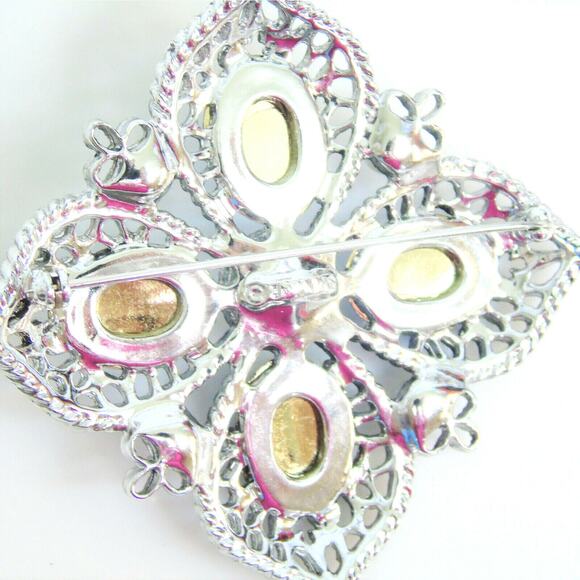 Emmons Signed Demi Parure BROOCH & EARRINGS Clip-On Set Faux Blue Opal & Pearls - Picture 3 of 5